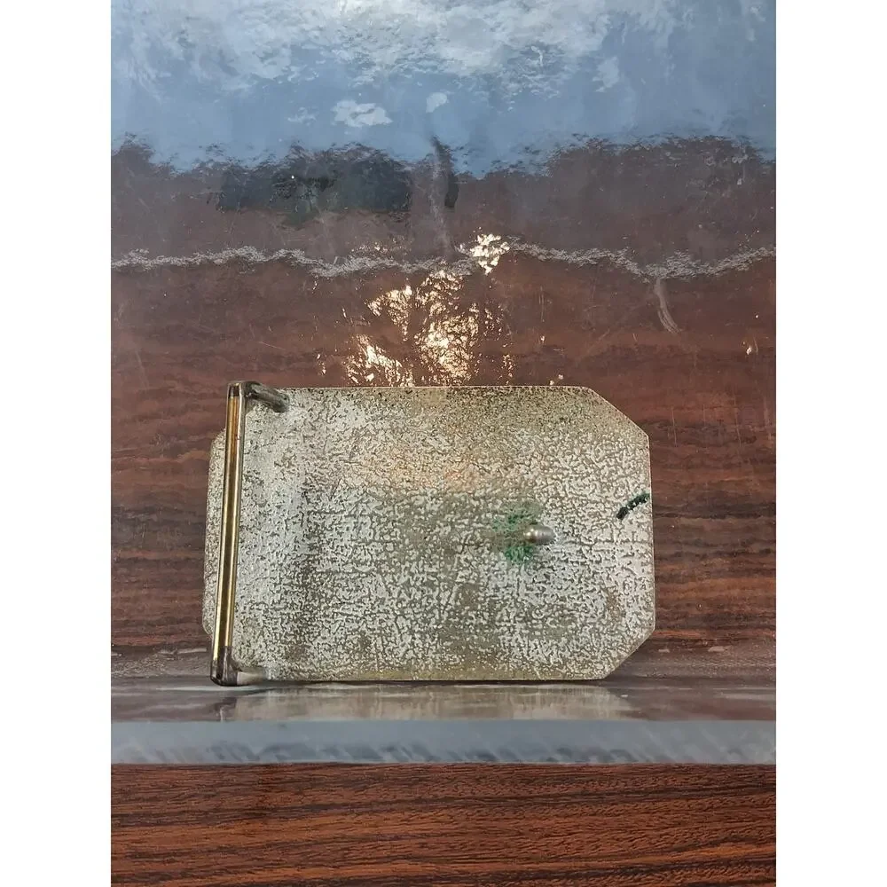 Vintage 1970's Brass Belt Buckle Crushed Turquoise Inlay 